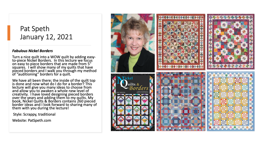 Collage of Pat Speth photo, book, and four quilts 