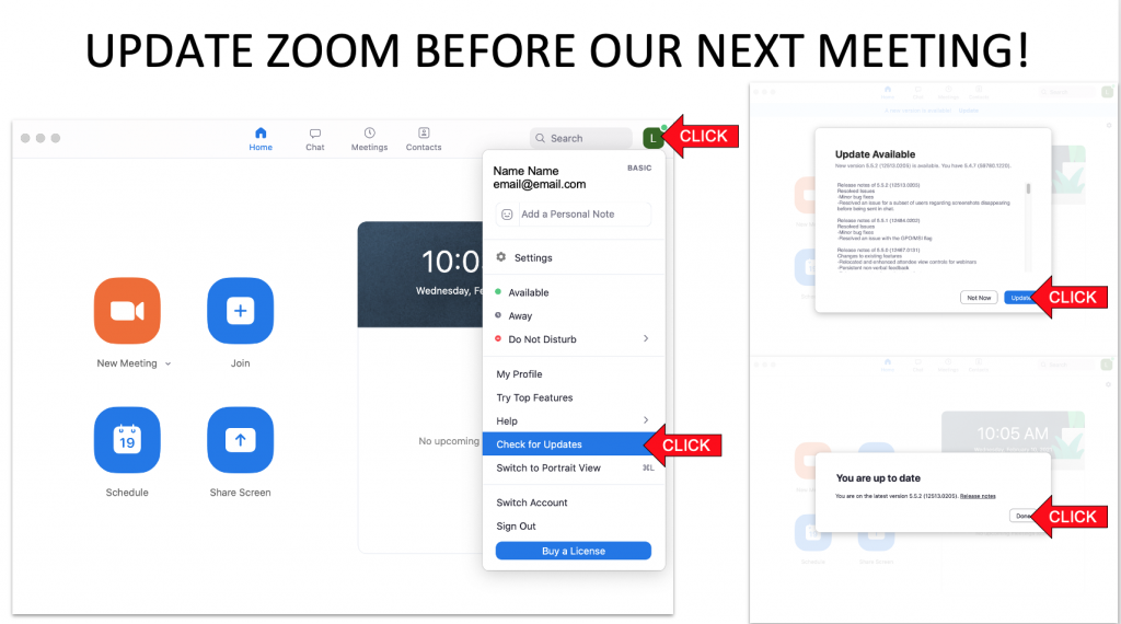 Image showing red arrows pointing to  menu items in Zoom and showing where a member should click to update Zoom.  