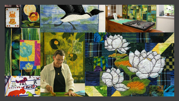 Collage of guest speaker, Millie Cumming, in her studio and several of her works