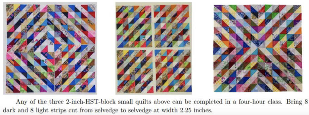 Three scrap quilts using half-square triangles in different layouts.