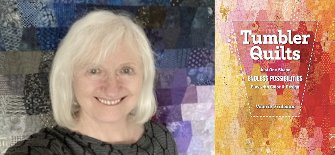 Valerie Prideeaux with a tumbler block quilt behind her, alongside an image of her new book, Tumbler Quilts